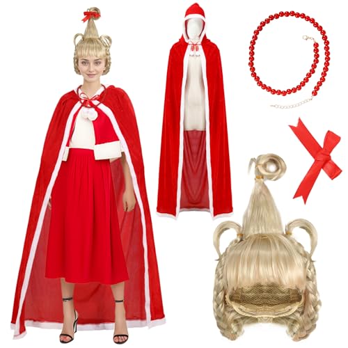 Yearsahrk 4 Stücke Cindy Lou Who Kostüm Robe Halskette Schleife Weihnachten Mantel for Erwachsene Kinder (Erwachsener) von Yearsahrk