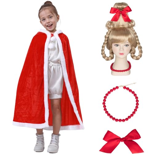 Yearsahrk 4 Stücke Cindy Lou Who Kostüm Robe Halskette Schleife Weihnachten Mantel for Erwachsene Kinder (Kind) von Yearsahrk