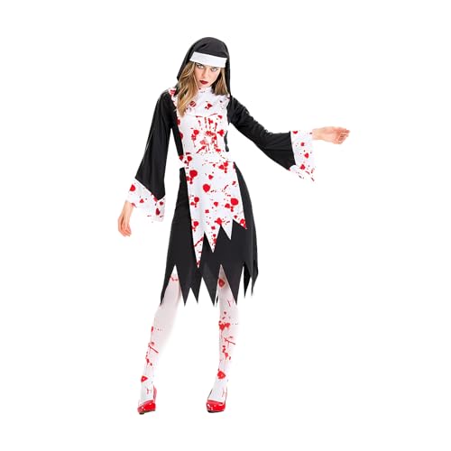 Yearsahrk 4-Teilig Nonnen kostüm Damen Mittelalterliches Hexen Kostüm Scary Blutige Schürze Nonnen Kleid Hut Socke Karneval Halloween Kostüm Requisiten von Yearsahrk