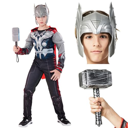 Yearsahrk 4-Teilig Thor Kostüm Kinder Muskelanzug Deluxe Set Thor Maske Superhelden Overall Umhang Hammer Karneval Halloween Kostüm Cosplay Requisiten von Yearsahrk