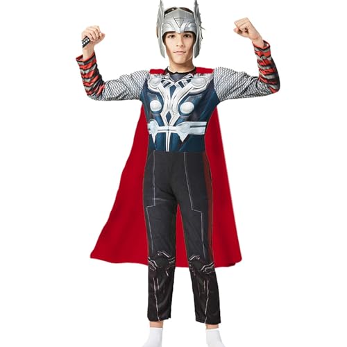 Yearsahrk 4-Teilig Thor Kostüm Kinder Muskelanzug Deluxe Set Thor Maske Superhelden Overall Umhang Hammer Karneval Halloween Kostüm Cosplay Requisiten von Yearsahrk