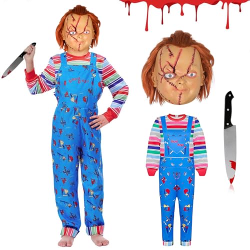 Yearsahrk Chucky Kostüm Kinder Halloween Chucky Maske Jumpsuit Plastikmesser Karneval Halloween Kostüm Cosplay Requisite für Jungen Mädchen von Yearsahrk