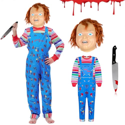 Yearsahrk Chucky Kostüm Kinder Halloween Chucky Maske Jumpsuit Plastikmesser Karneval Halloween Kostüm Cosplay Requisite für Jungen Mädchen von Yearsahrk