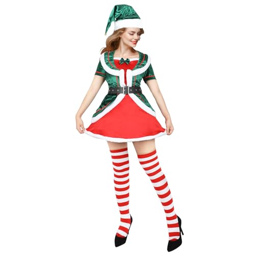 Yearsahrk Elfen kostüm Damen Weihnachtself Kostüm Weihnachtskostüm Damen Weihnachtsmann Kostüm Elfen Kleid Elf Hut Elfen Kostüm Damen Erwachsene Zubehör von Yearsahrk