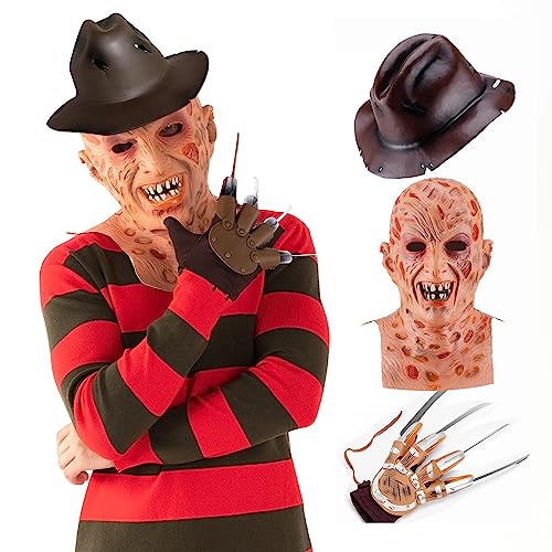 Yearsahrk Freddy Krueger Kostüm 4-teilig Albtraum Kostüm Gestreifter Pullover Gruselige Maske Handschuh mit Klaue Cowboy Hut Halloween Cosplay für Erwachsene (Large) von Yearsahrk