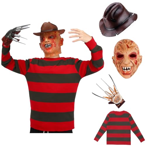 Yearsahrk Freddy Krüger Kostüm Kinder 4-Teilig Nightmare Elm Street Freddy Krueger Maske Gestreifter Pullover Handschuh Hut Karneval Halloween Kostüm von Yearsahrk