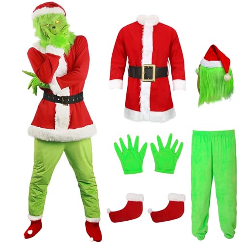 Yearsahrk 6-Teilig Grinch Kostüm Erwachsene Weihnachtsmann Kostüm Grünes Big Monster Kostüm Weihnachtskostüm Christmas Halloween Kostüm Requisiten von Yearsahrk