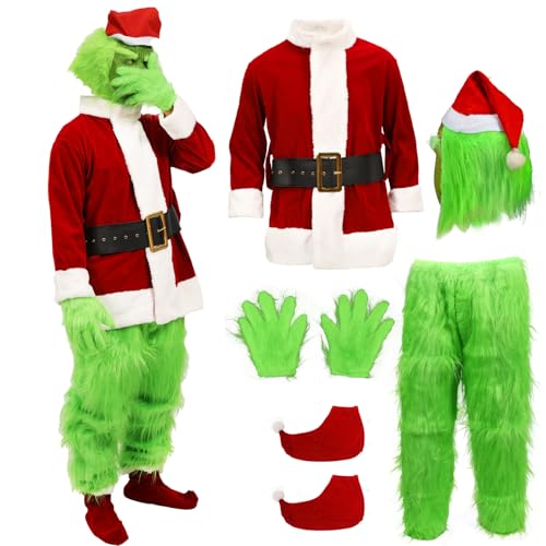 Yearsahrk Grinch Kostüm Erwachsene 7-Teilig Weihnachtsmann Kostüm Weihnachtsanzug Grünes Monster Kostüm Outfit Halloween Kostüm Cosplay Requisiten von Yearsahrk