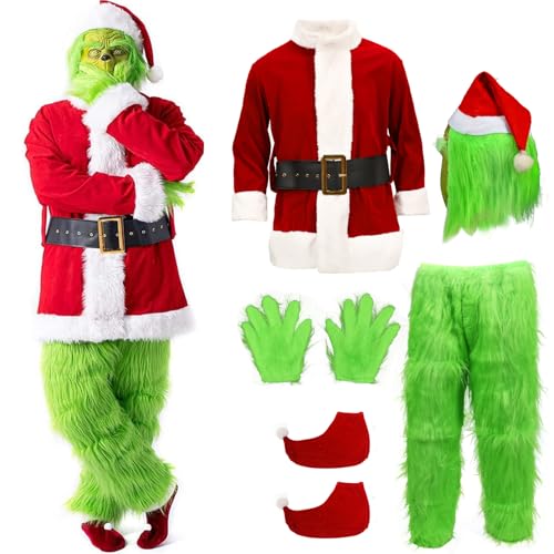 Yearsahrk Grinch Kostüm Erwachsene 7-Teilig Weihnachtsmann Kostüm Weihnachtsanzug Grünes Monster Kostüm Outfit Halloween Kostüm Cosplay Requisiten von Yearsahrk