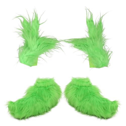 Yearsahrk Grüne Grinch Handschuhe Pelzige Hände Monster Schuhüberzüge Weihnachtsmütze Weihnachts Kostüm Requisite Halloween Accessoires Geschenke (2 Stück) von Yearsahrk