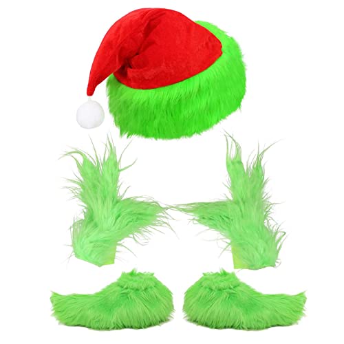 Yearsahrk Grüne Grinch Handschuhe Pelzige Hände Monster Schuhüberzüge Weihnachtsmütze Weihnachts Kostüm Requisite Halloween Accessoires Geschenke (3 Stück.B) von Yearsahrk