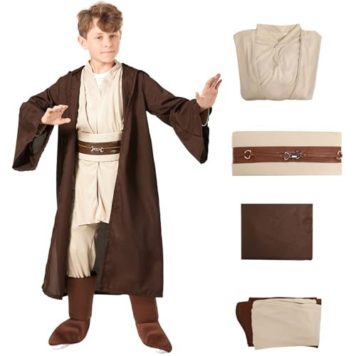 Yearsahrk Jedi Kostüm Kinder 4 Stücke Robe Kapuzen Tunika Uniform Hosen Gürtel Karneval Halloween Kostüm Cosplay Requisiten von Yearsahrk