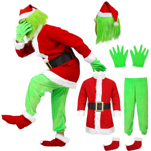 Yearsahrk Kinder Grinch Kostüm 6-Teilig Weihnachtsmann Kostüm Grünes Big Monster Kostüm Weihnachtskostüm Monster Pelziger Anzug Christmas Halloween Kostüm Requisiten von Yearsahrk