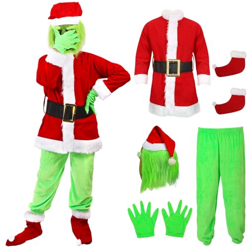 Yearsahrk Kinder Grinch Kostüm 6-Teilig Weihnachtsmann Kostüm Grünes Big Monster Kostüm Weihnachtskostüm Monster Pelziger Anzug Christmas Halloween Kostüm Requisiten von Yearsahrk