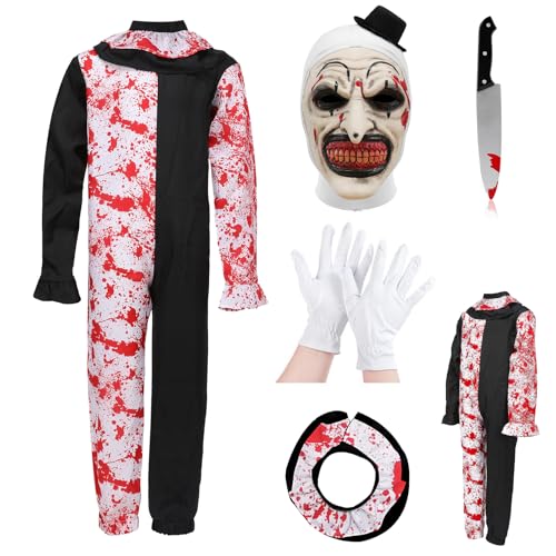 Yearsahrk Kinder Terrifier Kostüm Horror Maske Art The Clown Kostüm Scary Killer Clown Kostüm Karneval Halloween Outfit Cosplay Requisiten von Yearsahrk