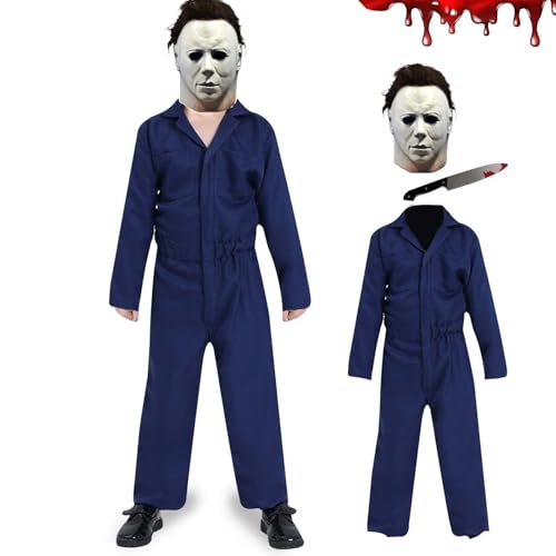 Yearsahrk Michael Myers Kostüm Kinder 3-teiliges Horror Michael Myers Maske Overall mit Blutspielzeug Karneval Halloween Kostüm Cosplay Outfits Set von Yearsahrk