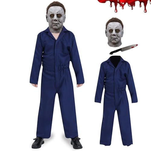 Yearsahrk Michael Myers Kostüm Kinder 3-teiliges Horror Michael Myers Maske Overall mit Blutspielzeug Karneval Halloween Kostüm Cosplay Outfits Set von Yearsahrk