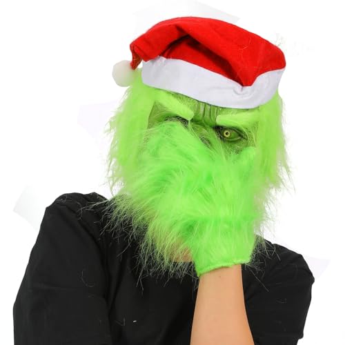 Yearsahrk Grinch Maske Weihnachtliche Grüne Monster Maske Weihnachts Grinch Kostüm Maske mit Weihnachts Hut Funny Xmas Cosplay Party Requisiten Furry Mask von Yearsahrk