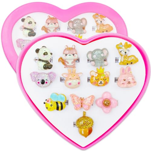 Yeefunjoy 12 Stück Kinderringe Mädchen, Einstellbare Ringe Kinder, Kinder Dress Up Cartoon Niedliche Tier Ringe Set mit Herzform Vitrine für Kinder Geburtstag Party Favors Baby Teenager Prinzessin Ver von Yeefunjoy