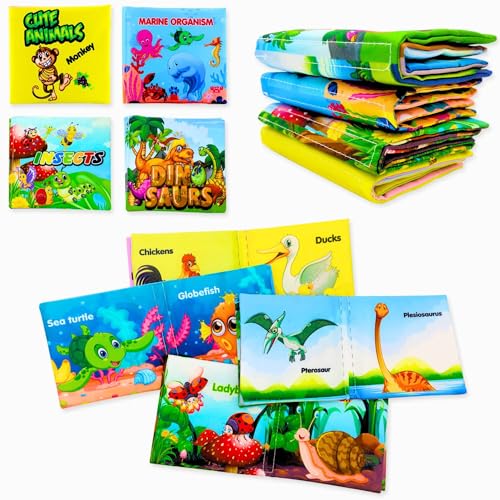 Yeefunjoy 4 Stück Stoffbuch für Babys, Baby Spielzeug Stoffbücher, Magisches Badebuch Mit Quietschfunktion, Pädagogisches Spielzeug, Waschbar Anti Tear Crinkle Badebuch Geschenk für Jungen Mädchen von Yeefunjoy