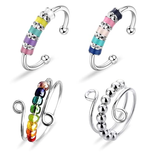 Yeefunjoy 4er Set Silber Fidget Anti-Stress Ringe, Offene Anxiety Ringe mit Perlen, Verstellbare Anti-Stress Ring, Silber Yeefunjoy 4er Set Silber Fidget Anti-Stress Ringe, Offene Anxiety Ringe mit Perlen, Verstellbare Anti-Stress Ring, Silber von Yeefunjoy