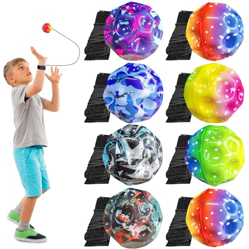 8pcs Jump Ball mit Schnur,6cm Antistressball Springball,Moon Ball,Hohe Springender Gummiball,Space Ball,Bouncing Ball,Jumping Ball für Kinder Geeignet für Innen und Außen,Zufällige Farben von Yeelan