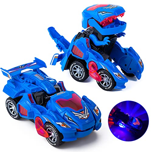 Yellcetoy Dinosaurier Transform Auto, Transformator Dino Spielzeug mit Musik und Licht Automatische Transforming Dinosaur Car für 3 4 5 6 7 Jahre Jungen Blau von Yellcetoy