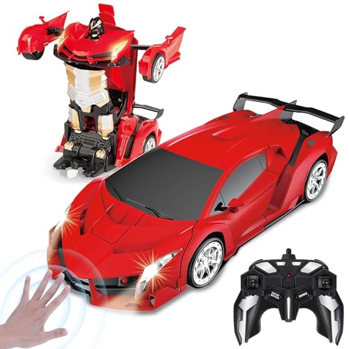 Yellcetoy Roboter Auto, Transformator Spielzeug mit Handgesten Sening LED Licht Musik & Sound Effekt, Ferngesteuertes Auto mit 2,4Ghz Fernbedienung Akkus für Kinder Junge Geschenke ab 4-10 Jahre Rot von Yellcetoy