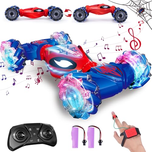 Yellcetoy Ferngesteuertes Spider Auto mit Handsteuerung, Glove Controlled Car mit Musik & Licht, 4WD RC Stunt Twist Car Handgesteuertes Auto mit 2,4 GHz Fernbedienung Akkus ab 6 7 8 9 10+ Jahre Jungen von Yellcetoy