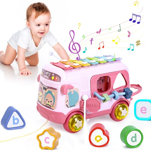 Yellcetoy Spielzeug Geschenk ab 1 Jahr Mädchen, Musikalischer Bus mit Xylophon Motorikwürfel Rassel Rad, Baby Sinnesspielzeug Motorikspielzeug Lernspielzeug für Kinder ab 12-18 Monate Rosa von Yellcetoy