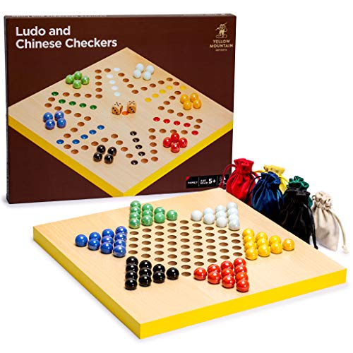 Yellow Mountain Imports 2-in-1 Wendbares Ludo- und Chinesische Dame Halma Spiel-Set aus Holz und Glasmarmor - 30,2 Zentimeter von Yellow Mountain Imports