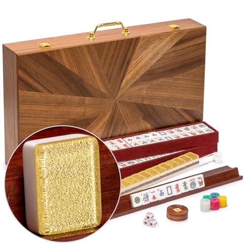 Yellow Mountain Imports Amerikanisches Mahjong-Set, Golden Fortune mit 166 Acryl-Mahjongsteinen, eingelegtem Holzkoffer, und Anderen Zubehörteilen von Yellow Mountain Imports