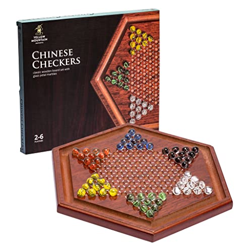 Yellow Mountain Imports Hölzernes Chinesisches Dame Brettspiel-Set - 34,5 Zentimeter - mit 60 farbigen Glasmurmeln im Blütenblattstil (16 Millimeter) von Yellow Mountain Imports