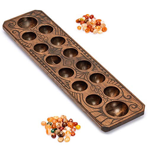 Yellow Mountain Imports Mancala-Set mit 44 Zentimeter Massivholzbrett und Quarzkiesel-Spielsteinen – hergestellt von Yellow Mountain Imports