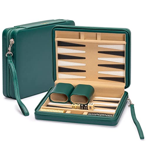 Yellow Mountain Imports Reise Backgammon Mini-Spielset, Izmir - Magnetische Spielsteine und 23,5 cm Brett in schicker Lederetui - Klassisches Strategiespiel von Yellow Mountain Imports