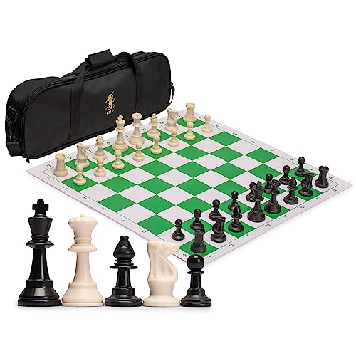 Yellow Mountain Imports Reguläres Aufrollbares Staunton-Turnierschach-Set (49 cm) mit Reisetasche, 2 Extra-Damen und gewichteten Schachfiguren - Schwarz von Yellow Mountain Imports