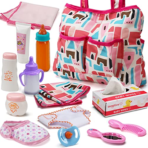 YeoNational&Toys 13-teiliges Babypuppen-Zubehörset, Fütter- & Pflege-Set mit Windeltasche, Puppenwindel, magischen Fläschchen, Wickelauflage, ideal für kleine Mädchen & Rollenspiele, Geburtstags von YeoNational&Toys