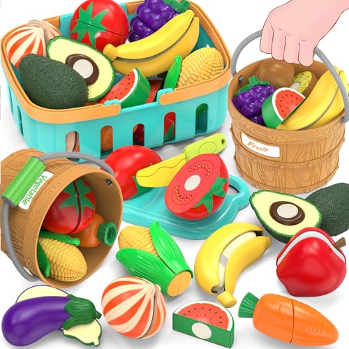 Sorting Play Food Sets - 2 Buckets with Handle, 1 Storage Basket, Fruit&Vegetable Cutting Food Toy, von YeoNational&Toys