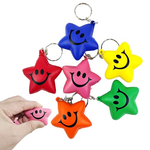 Yeomju 6 Stück Bunt Sterne Stressball Schlüsselanhänger mit Smile Gesicht Mini Schaumstoffbälle für Kinder Klassenzimmer Austauschgeschenke Erwachsene Schulkarneval von Yeomju