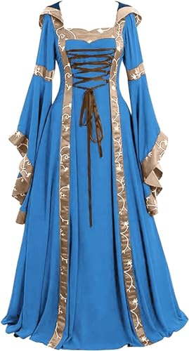 Yeooa Damen Mittelalter liches Vintage Long Cosplay Renaissance Theater Performance Kleid Gothic Viktoria nisch quadratisch Ausschnitt gebrochenes Ärmel Kapuzen Kleid (Blau,3XL) von Yeooa