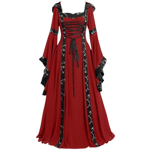 Yeooa Damen Mittelalter liches Vintage Long Cosplay Renaissance Theater Performance Kleid Gothic Viktoria nisch quadratisch Ausschnitt gebrochenes Ärmel Kapuzen Kleid (Rot,3XL) von Yeooa