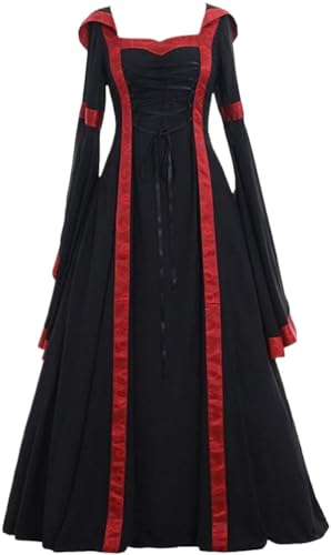 Yeooa Damen Mittelalter liches Vintage Long Cosplay Renaissance Theater Performance Kleid Gothic Viktoria nisch quadratisch Ausschnitt gebrochenes Ärmel Kapuzen Kleid (Schwarz,4XL) von Yeooa