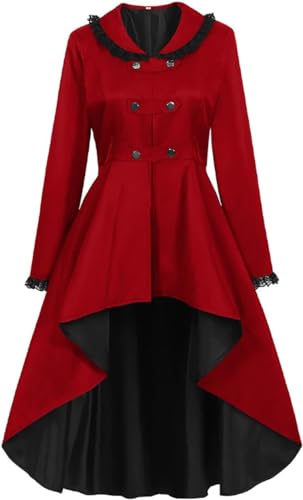 Yeooa Damen Vintage Gothic Trenchcoat Steampunk Mittelalter liches Renaissance Viktoria nisches Kostüm Lange Jacke Halloween Rave Party Bühne Performance Cosplay Kostüm (Rot,L) von Yeooa