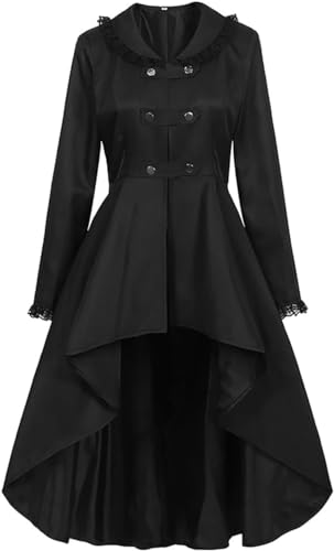 Yeooa Damen Vintage Gothic Trenchcoat Steampunk Mittelalter liches Renaissance Viktoria nisches Kostüm Lange Jacke Halloween Rave Party Bühne Performance Cosplay Kostüm (Schwarz,L) von Yeooa