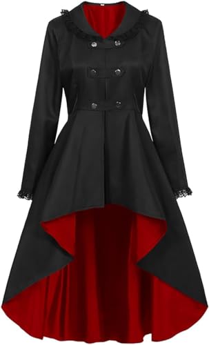 Yeooa Damen Vintage Gothic Trenchcoat Steampunk Mittelalter liches Renaissance Viktoria nisches Kostüm Lange Jacke Halloween Rave Party Bühne Performance Cosplay Kostüm (Schwarz-Rot,L) von Yeooa