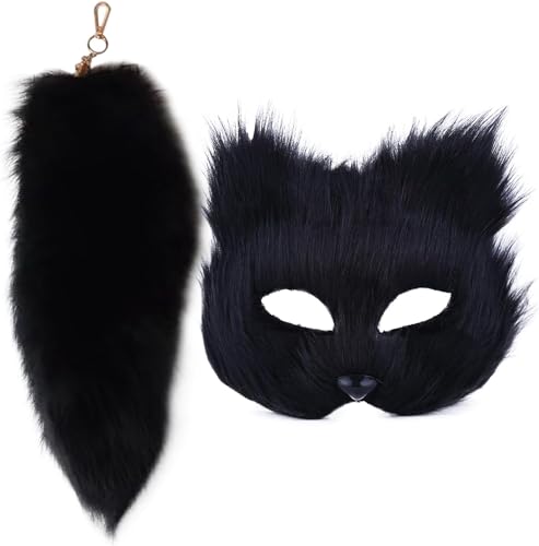 Yeooa Halloween Masken und dekorative Schwanz Katzen masken pelzigen Masken lange Fuchs Schwanz Maskerade Cosplay Halloween Show Requisiten (Schwarz,Eine Größe) von Yeooa