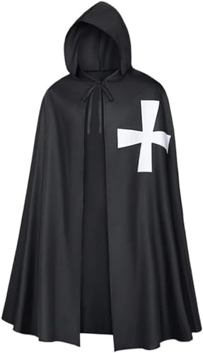 Yeooa Herren Damen Cosplay Halloween Mittelalter liche Ankleide Ritter Umhang Unisex Vintage Kreuz weiße Tempel Umhang Robe Bühnen performance Weihnachts thema Cosplay Party Kostüm (Schwarz,L) von Yeooa