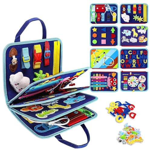 Beschäftigter Vorstand, 8-in-1-Kleinkind-Beschäftigter Board, frühes lehrreiches beliebtes Buch mit 12 Lebensfähigkeiten, Nummer, Form, Puzzle ＆ Alphabet, Handheld-Kleinkindspielzeug für Girls Boys G von Yeory