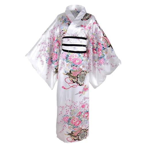 Japanisches Gewand, Yukata für Frauen Weiß, Blumenmuster Japanisch Kimono, Damen Seidensatin -Dressingkleid, Bademantel von Yeory