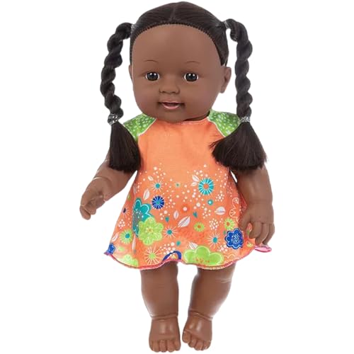 Schwarze Babypuppen, 12 Zoll Amerikaner Afrika Realistische Babypuppe mit Kleid, bewegliche Gelenk- und doppelte Pferdeschwanzgeflecht dunkle Haut Babypuppe für Kindergeschenke, orange, realistische von Yeory